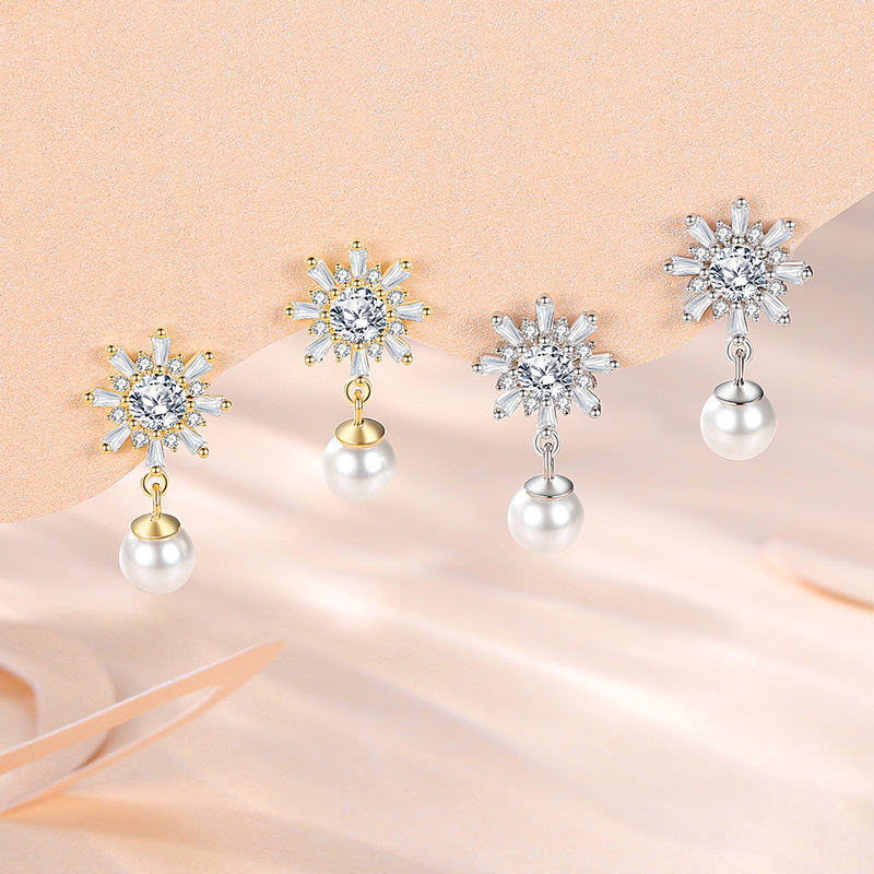 Pendientes de plata esterlina s925 copo de nieve ZIRCON perla pendientes aguja de plata moda francés de alta calidad pendientes de girasol temperamento