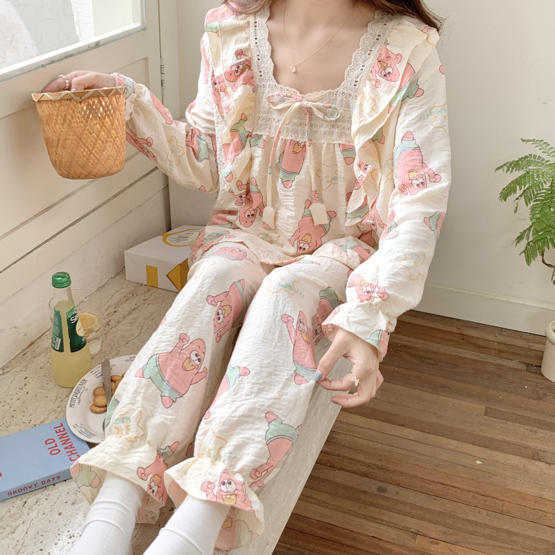 Francés dulce floral manga larga de algodón fresco pijamas chica otoño e invierno en línea estilo rojo 2023 nuevo desgaste casero