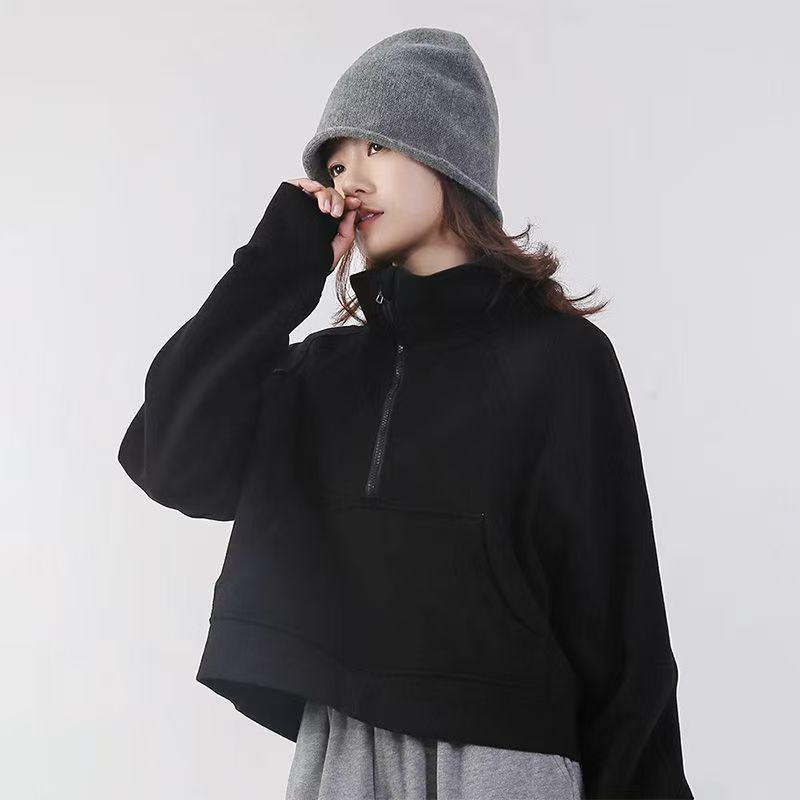 Otoño y invierno para espesar el estilo deportivo de mujer de cuello alto con semiacremallera suelta corta chaqueta de terciopelo de diseño de cuello vertical universal image 5
