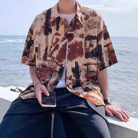 美式复古花衬衫男短袖垂感冰丝沙滩衬衣夏季薄款潮流宽松情侣外套