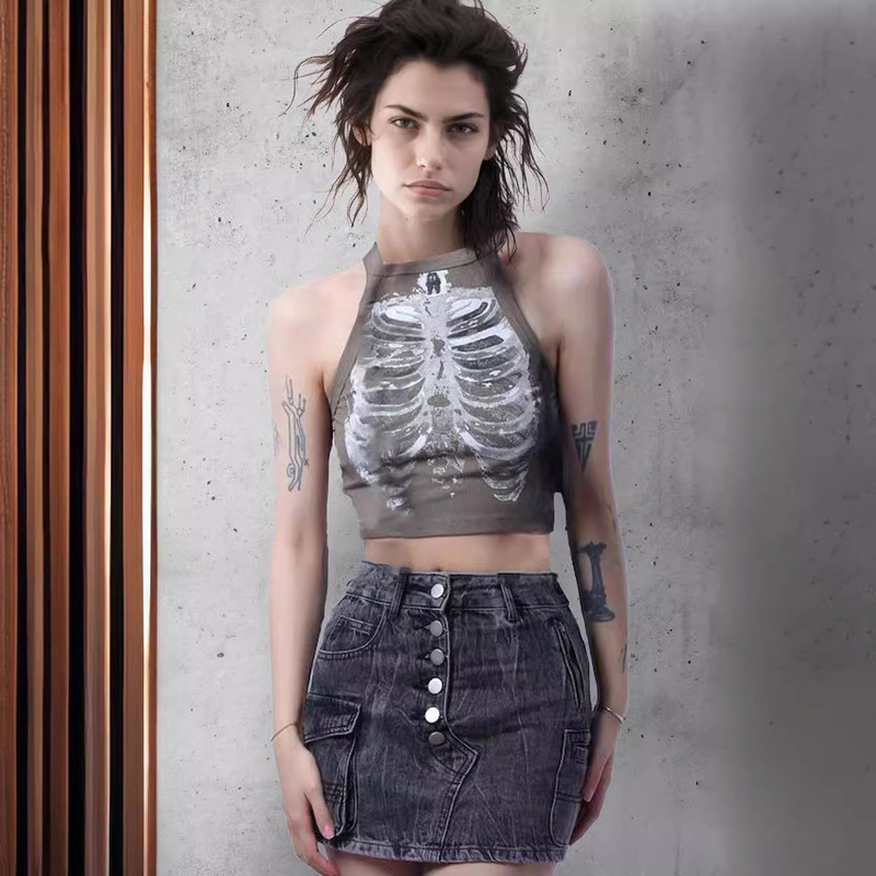 2024 Summer X-ray Rib Sleeveless Vest Niche Design Joker Hot Girl Shorts Top European and American Wholesale