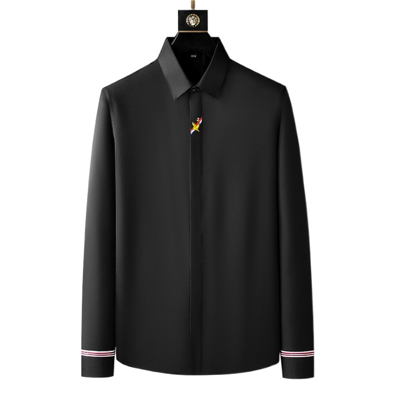 Camisa de manga larga de primavera 2025 para hombre, camisa informal con bordado de diez mil agujas, camisa entallada para hombre, sin planchado, envío directo