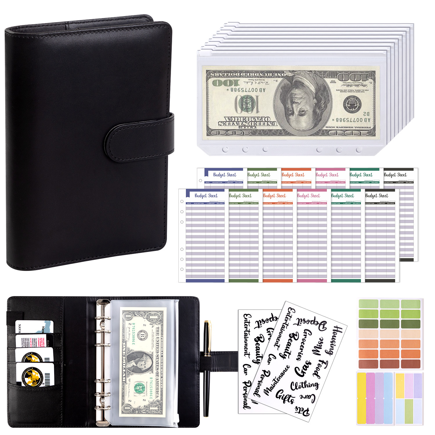 Presupuesto transfronterizo Cash Clip de hojas sueltas Bolsa con cremallera Sobres Libro de cuentas A6 Macarons PU Cuaderno de hojas sueltas de cuero