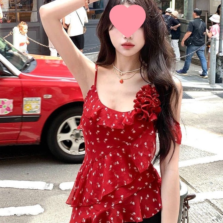 여성을 위한 새로운 여름 꽃무늬 쉬폰 셔츠, 프렌치 러플 핫걸 서스펜더 탑, 불규칙한 밑단, 슬림핏