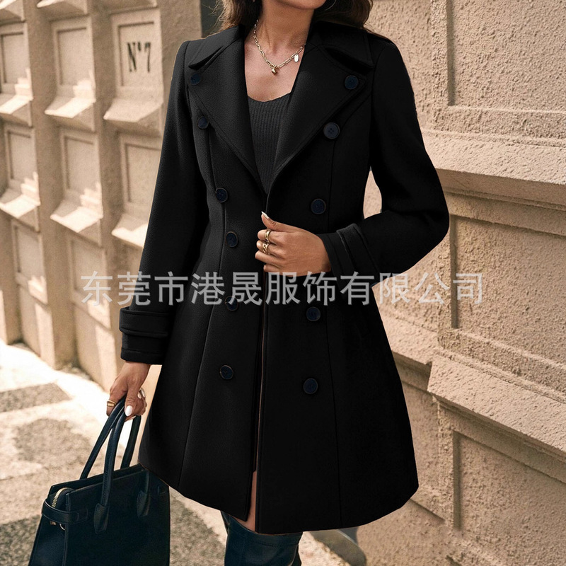 跨境独立站爆款秋冬毛呢大衣女中长款双排扣时尚呢子外套修身女装|undefined