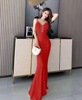 Deep V-low cut temperament socialite high slit long dress evening dress