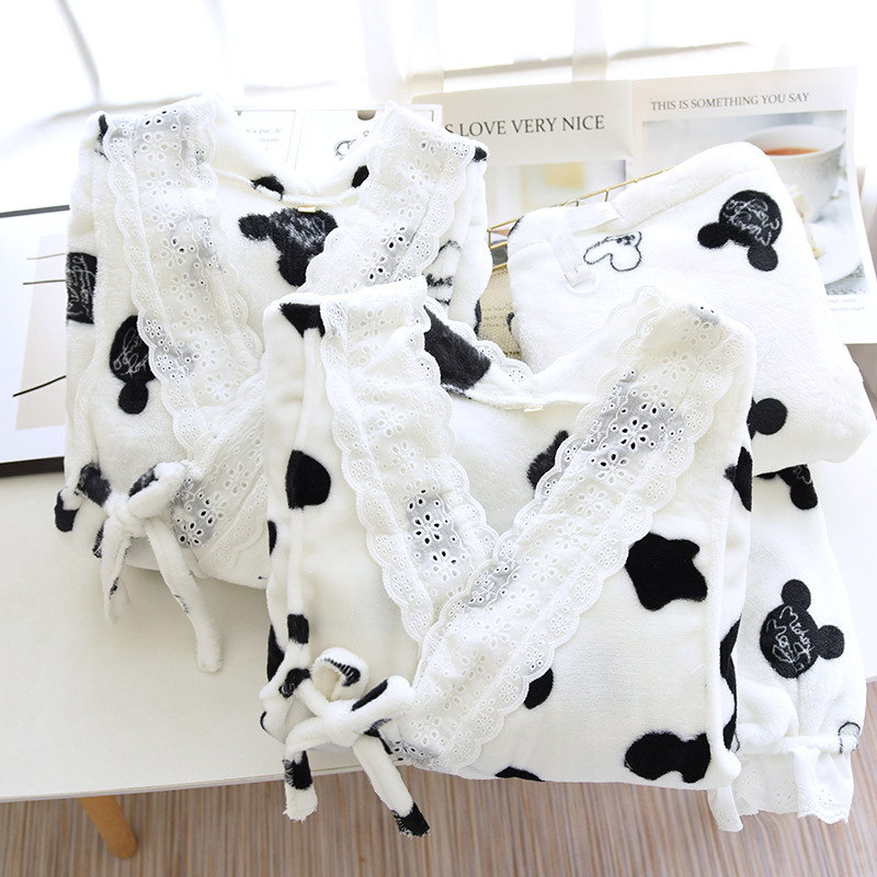 Autumn and Winter New Flannel Kimono Moon Suit Simple Fashion Long Sleeve Trousers suit plus size Loose Women's Pajamas