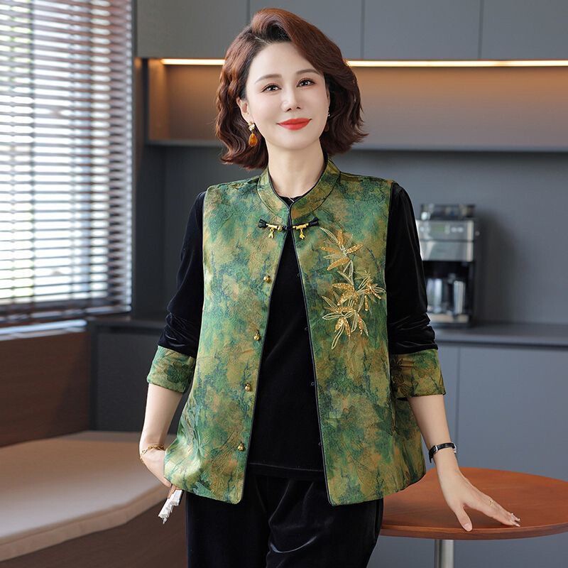 新款春秋装妈妈国风中式金丝绒马甲洋气三件套中老年女装时尚套装|undefined