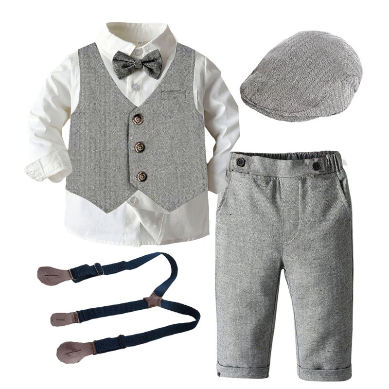 Cross-border Boys Gentleman suit Autumn New Dress Long-sleeved Trousers Vest Hat Multi-piece Solid Color Performance Suit
