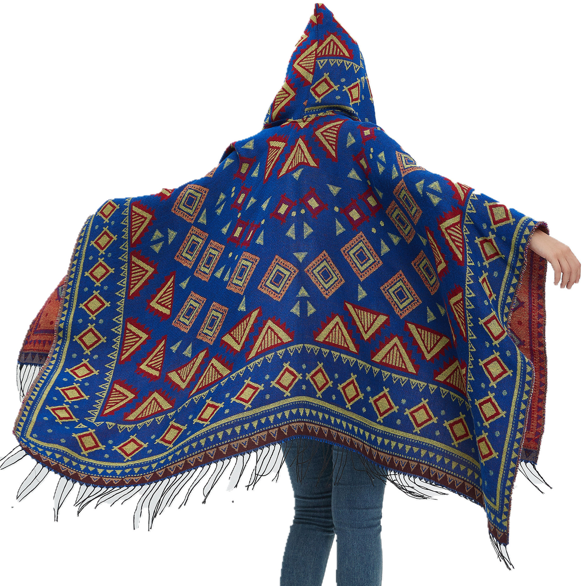 Unisex Hooded cape Winter travel jacquard fringed shawl for women_viptrois.com