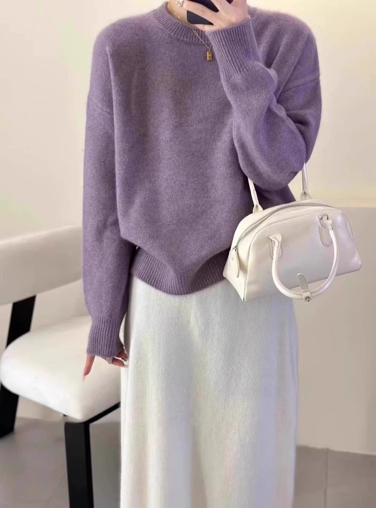 Coreano casual retro color sólido suéter de cuello redondo para mujeres otoño y invierno nuevo estilo de vestir suelta camisa de punto de estilo portugués
