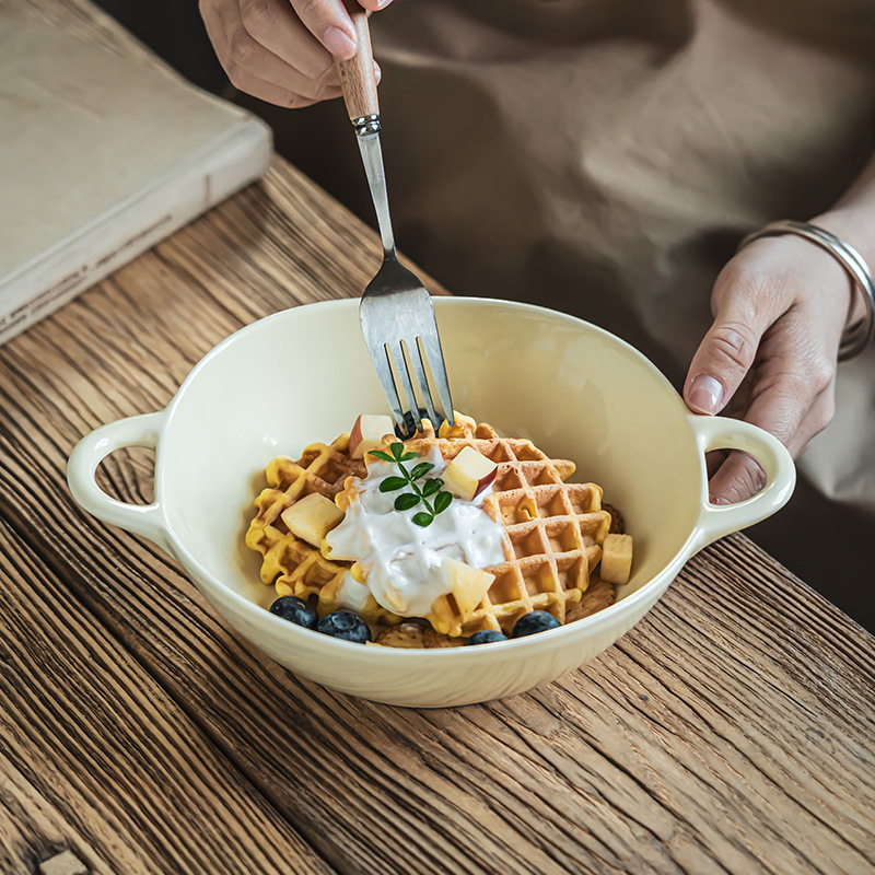 Color crema de cerámica sólida de doble oreja tazón de sopa casera cubiertos tazón de yogur de doble oreja tazón de ensalada de frutas tazón de fideos