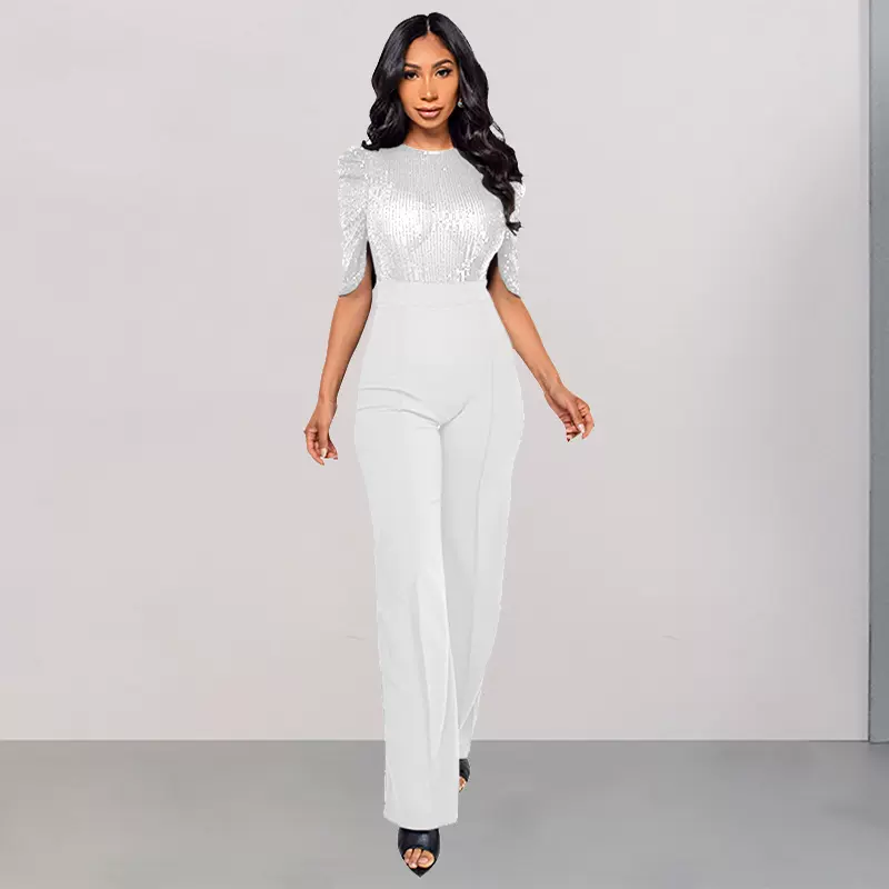 欧美跨境女装休闲阔腿女士连身裤ebay亮片五分袖时尚气质连体裤女
