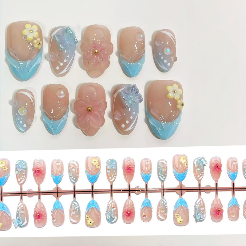 Blue French-Style Gradient 3D Butterfly Press-On Nails, Popular Cross-Border Foreign Trade Item, Summer Fresh and Light Nail Stickers