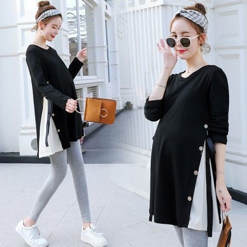 Fashionable maternity set for autumn and winter, trendy one-piece dress with long sleeves, T-shirt and long-sleeved sweatshirt set for outerwear.
