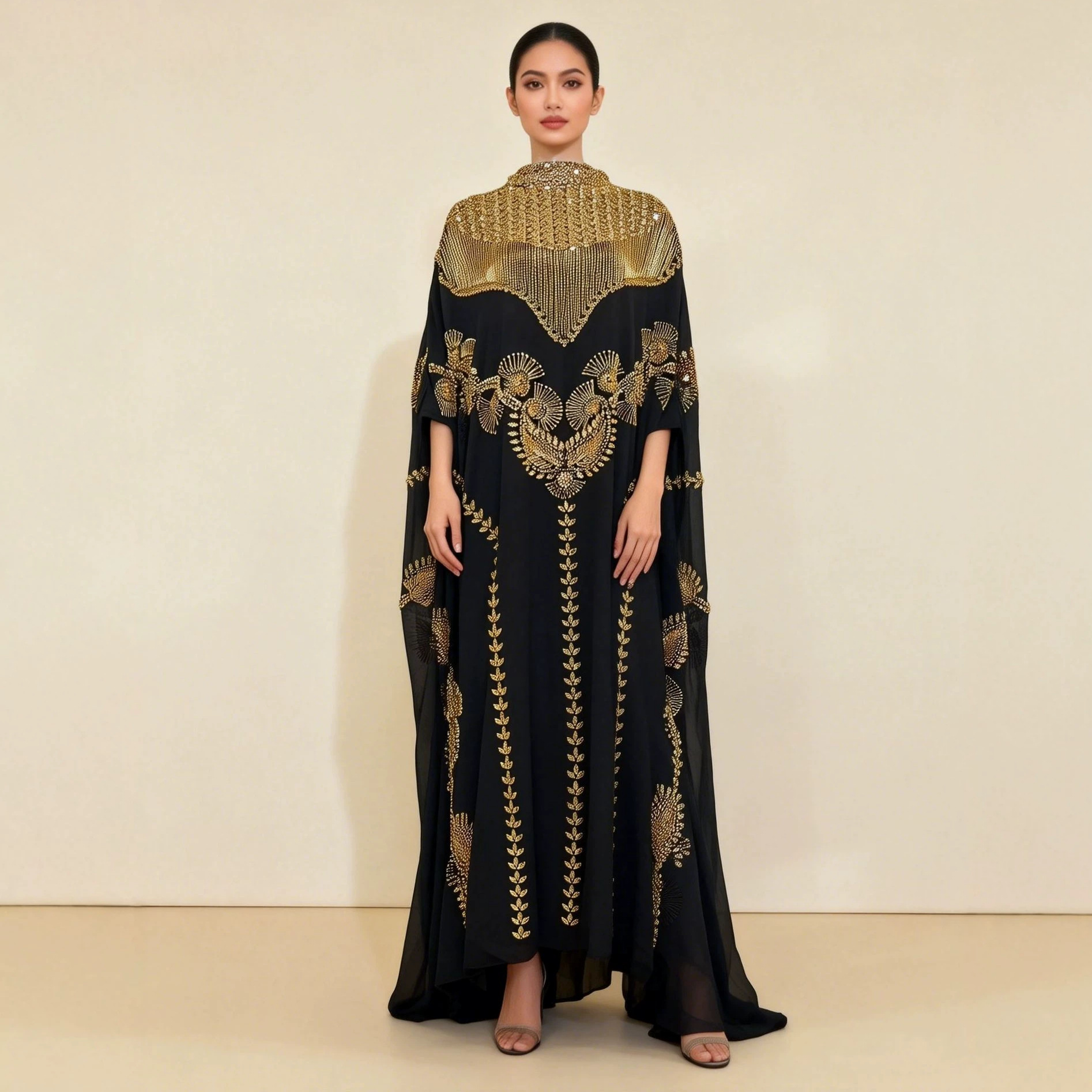 Cross-border exclusive luxury style black and gold heavy-duty beaded sequined robe two-piece set with cape-style high-neck dress