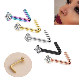 Amazon AliExpress Explosions Zircon Nose Nails Stainless Steel Plated Multicolor Piercing Jewelry L-bar Nose