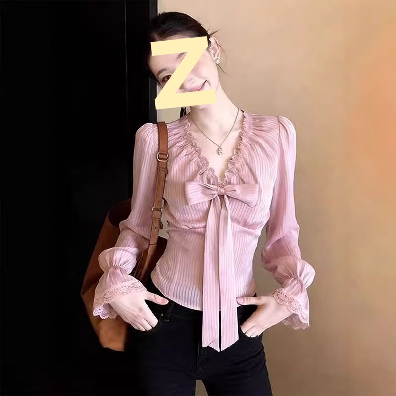 Korean-Style Sweet Bow-Collar Flared Sleeve Shirt for Women, Spring Season, Waist-Cinching, Slimming, Elegant, Age-Reducing Pink Top