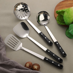 Stainless Steel Cooking Spoon and Shovel Set Black Pearl Wooden Handle Kitchenware Household Stir-frying Pan Shovel Soup Colander Storage Rack