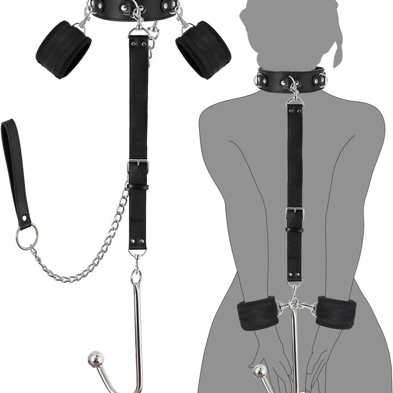 Amazon adult SM leather PU backhand neck handcuffs traction chain…