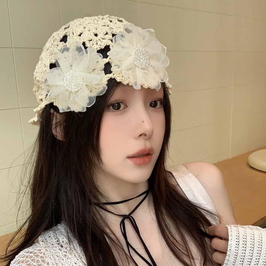 Bohemia gancho de mano sombrero de flores para mujeres 2024 nuevo tejido sombrero de pila de flores de cuatro estaciones de moda