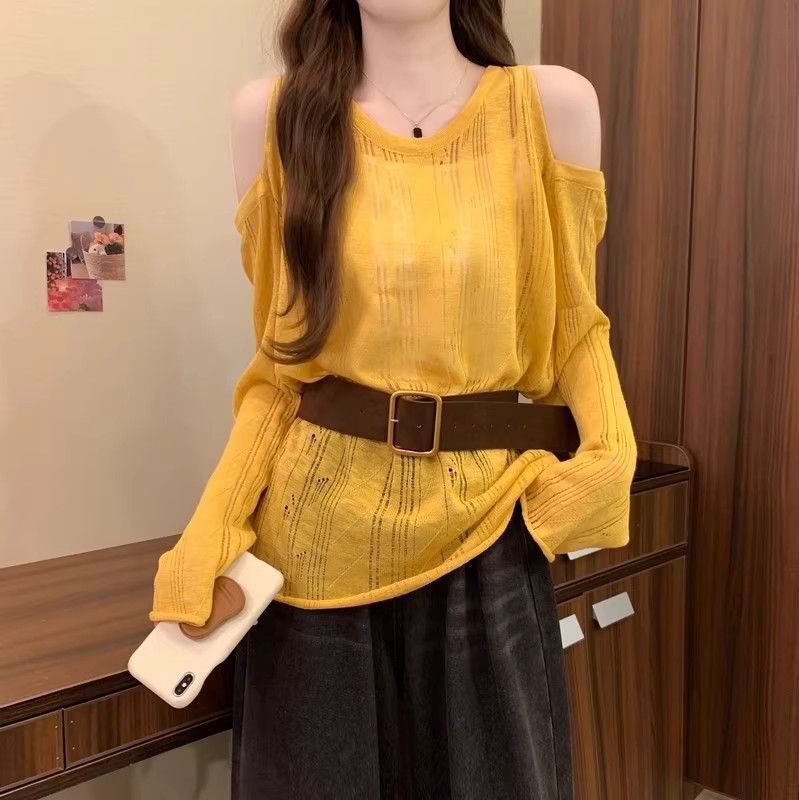 设计感白色露肩长袖T恤针织衫女秋季宽松防晒罩衫慵懒松弛感上衣|undefined