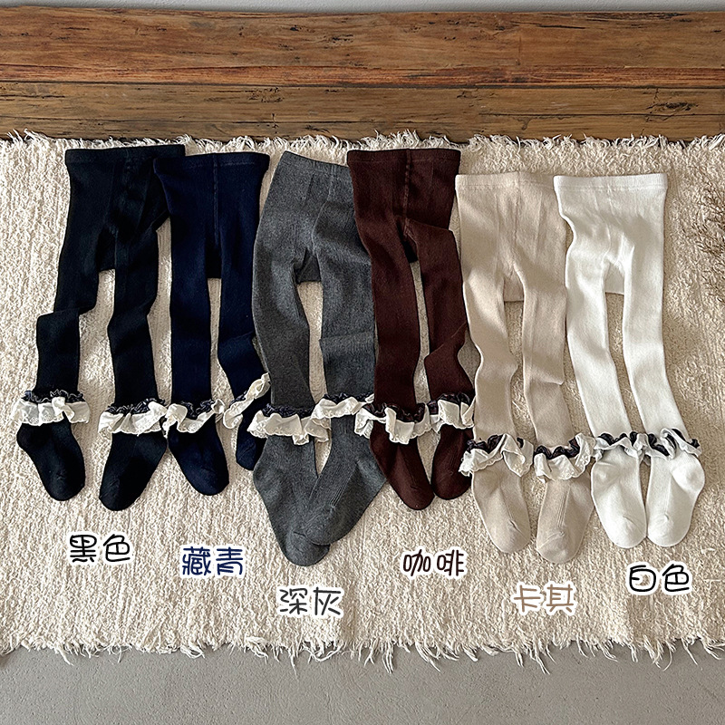 Korean style Lolita style drawstring autumn and winter leggings with lace trim princess stockings for baby girls