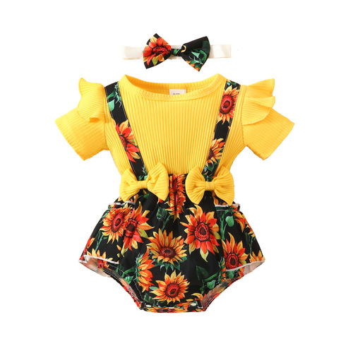 2024 foreign trade summer baby short sleeve flower triangle dress 0-1 year old baby girl false strap sun flower fly sleeve dress