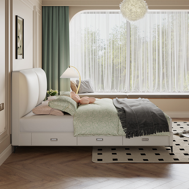 Cama con almacenamiento color crema, cama doble, 1.8 metros, dormitorio principal, estilo nórdico, cama con presión de aire, apartamento pequeño, cama con panel de almacenamiento con presión de aire. image 4