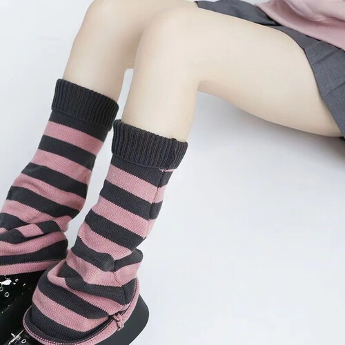 秋冬jk针织小腿灰粉条纹喇叭袜套y2k千禧辣妹堆堆袜毛线保暖腿套