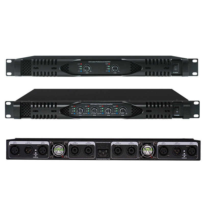 Amplificador de potencia transfronterizo profesional 1U Amplificador de potencia de etapa posterior puro 2 canales 4 altavoces 2400W amplificador de potencia