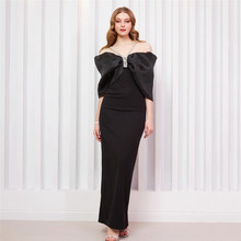 新款性感设计绷带连衣裙挂脖晚礼服镶钻一字肩修身长款女装亚马逊