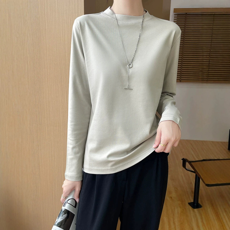 Women's pure cotton half-high collar long-sleeve knit top, soft and skin-friendly, slim-fit, basic base layer for spring and autumn