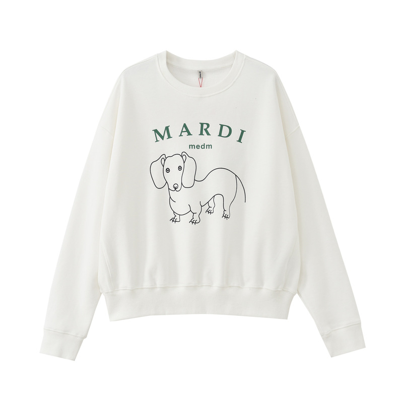 Mardi Adult Sweatshirt Washed 100% Cotton Terry Three-Dimensional Embroidered Puppy Round Neck Sweatshirt
