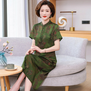 New Middle-aged and Elderly Mother Two-piece Set Women's 2025 Summer Fashion Skirt Mulberry Silk Slimming Belly Covering plus size suit