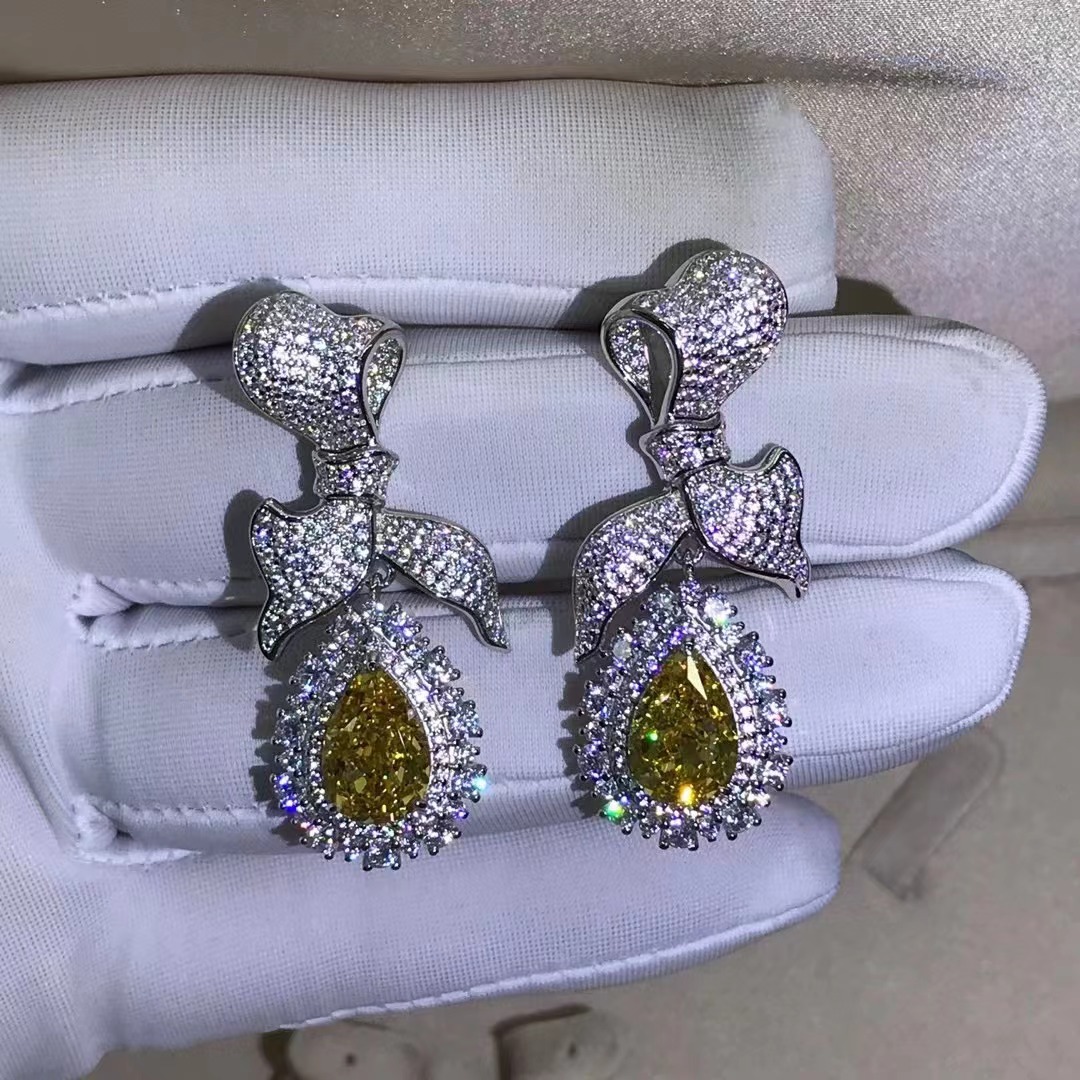 Gota de agua corte amarillo alto carbono diamante Stud pendientes 4 quilates VVS nivel D color 3EX Comercio exterior transfronterizo pendientes joyería