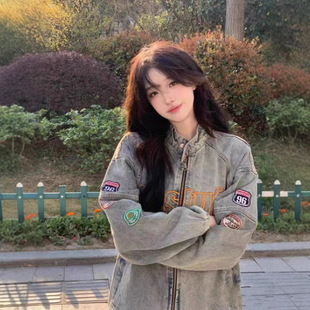 American Style Retro Medal Washed Distressed Embroidered Denim Jacket Women's Spring and Autumn Collar Loose Zipper Jacket National Fashion