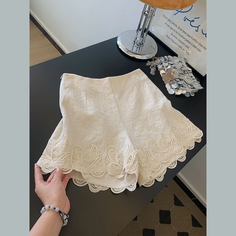 French-Style Lace Trim High-Waisted Shorts for Women, Summer Super Stylish Casual Versatile Straight Wide-Leg Pants Trendy