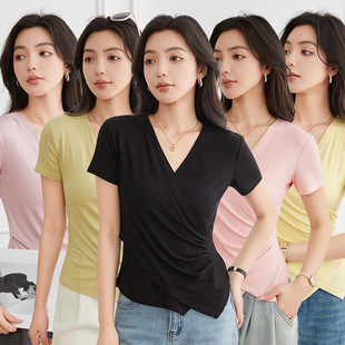 Irregular Short-sleeved T-shirt Women's Summer New Cross Design Sense Solid Color Slim-fit All-match Top YM2521