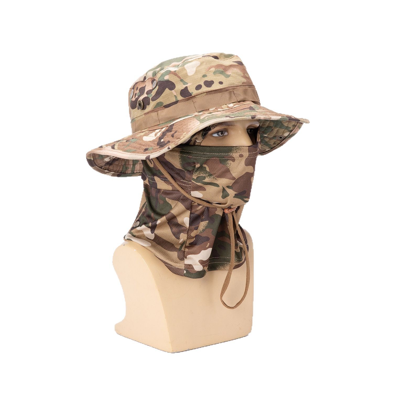 Sombrero de borde redondo de camuflaje transfronterizo Sombra de sol al aire libre Tácticas Funda de sombrero Benny Tapa de ley Balafak Máscara de pesca