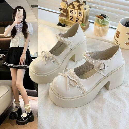 Heeled and platform dress shoes for women, spring and summer new retro French-style pearl bow college-style leather shoes