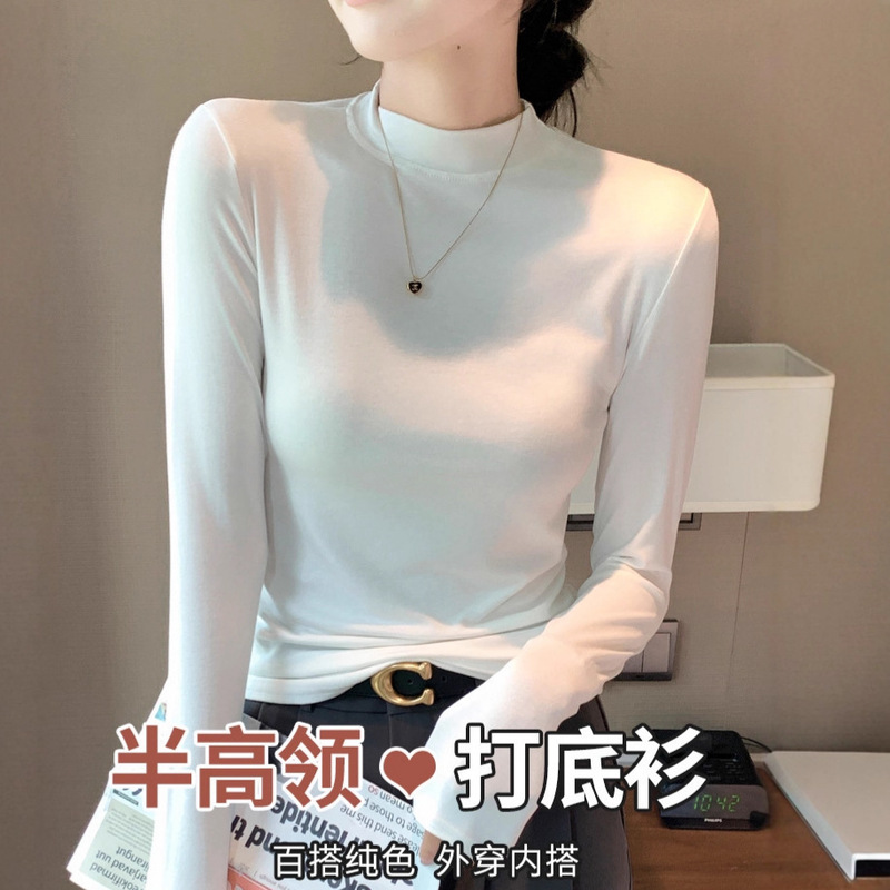 2025 Autumn and Winter Double-Sided Velvet Half Turtleneck Bottoming Shirt Women's Inner Long-Sleeved Mid-Collar Slim Top Korean Export 2025 Autumn and Winter Double-Sided Velvet Half Turtleneck Bottoming Shirt Women's Inner Long-Sleeved Mid-Collar Slim Top Korean Export