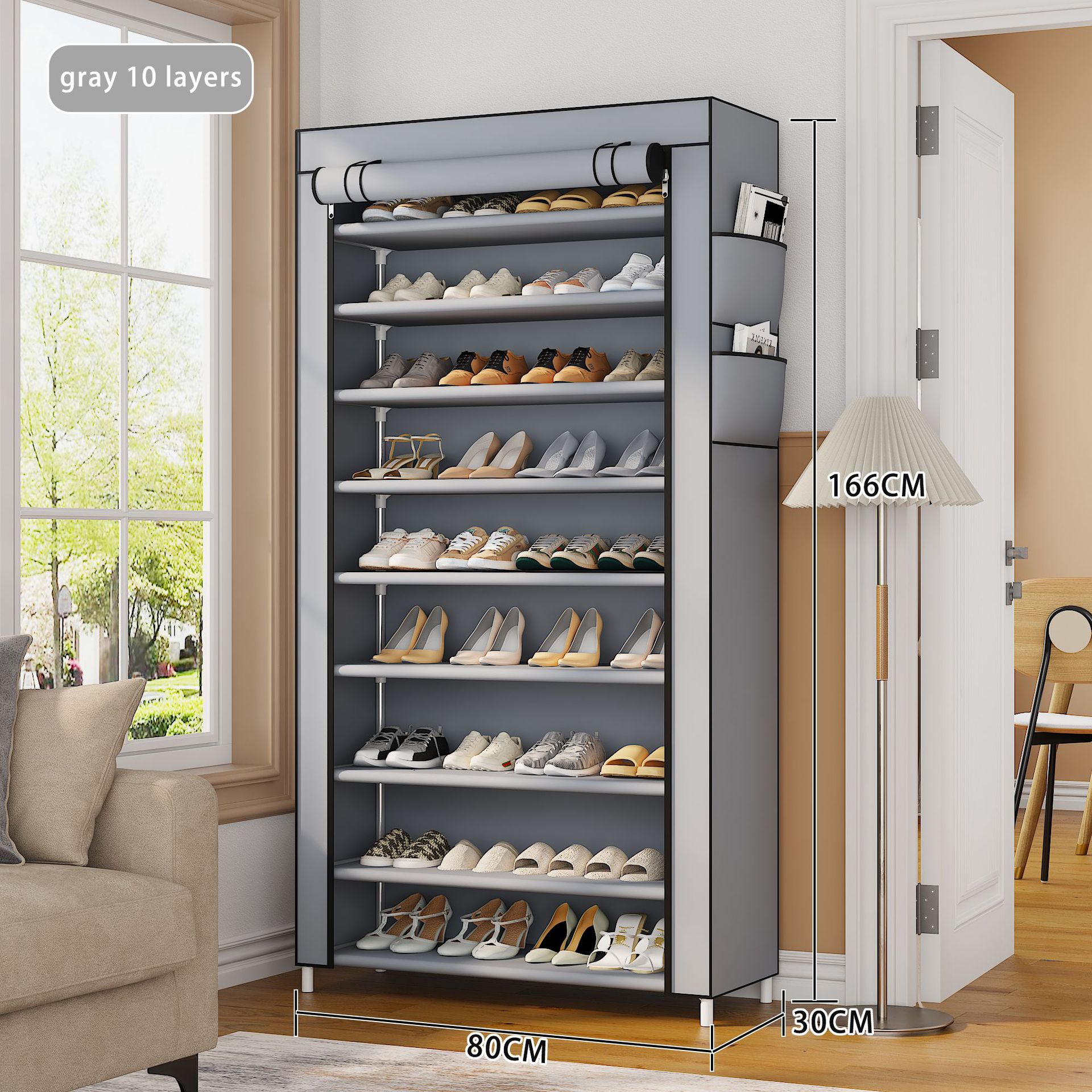 Gabinete de zapatos simple, cinturón de zapatos, nuevo tipo de cubierta a prueba de polvo con cremallera, estante de zapatos simple, tubo de acero, estante de almacenamiento en el suelo de la puerta doméstica image 6