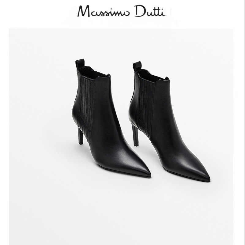 Massimodutti Boots 2026 Winter Black Genuine Leather Pointed Toe Stiletto Heel Short Boots Stretch Boots Ankle Boots Slim Boots