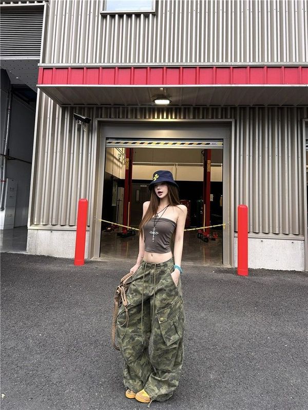 辣妹迷彩潮酷阔腿工装裤女早秋新款美式复古抽绳拖地牛仔长裤|undefined