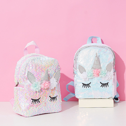 New cartoon cute eyelash embroidery backpack, fashionable unicorn laser sparkles dual shoulder bag