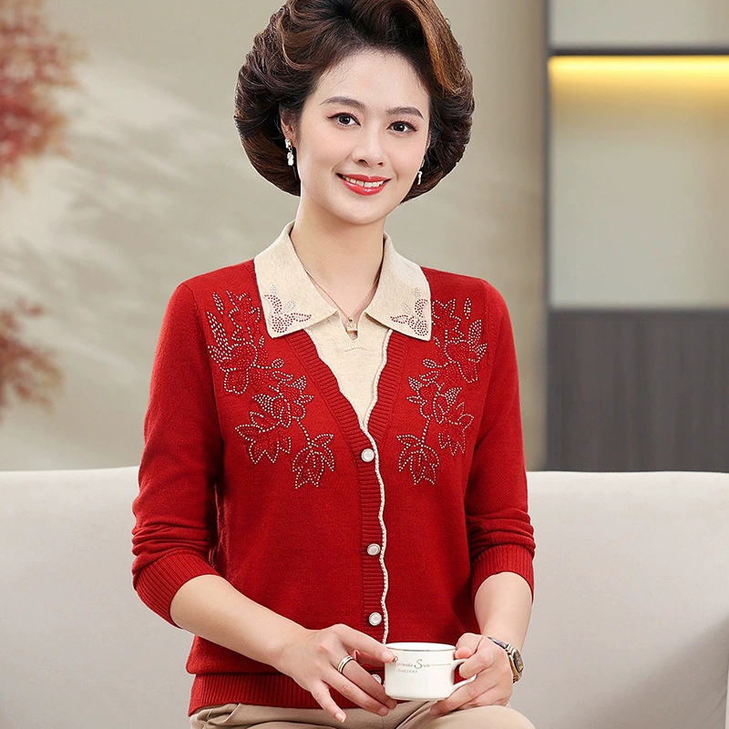 Модный осенний новый вязаный свитер для мам, стильный свитер с воротником из искусственного меха, базовый топ для женщин среднего возраста.