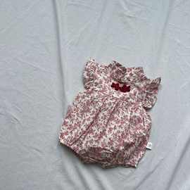 ins中国风水墨画复古图案连体哈衣飞袖半高领娃娃衣女宝三角哈衣