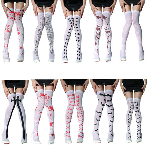 Halloween Socks with Stripes, Cross-border New Product Polyester Knee-high Socks, Christmas Colorful Print Skull Head Long Socks, In Stock