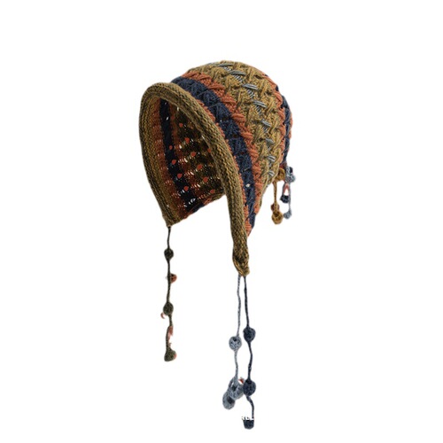 Japanese retro handmade crochet niche tassel woolen hat for women autumn and winter warm ear protection parent-child knitted hat cold hat